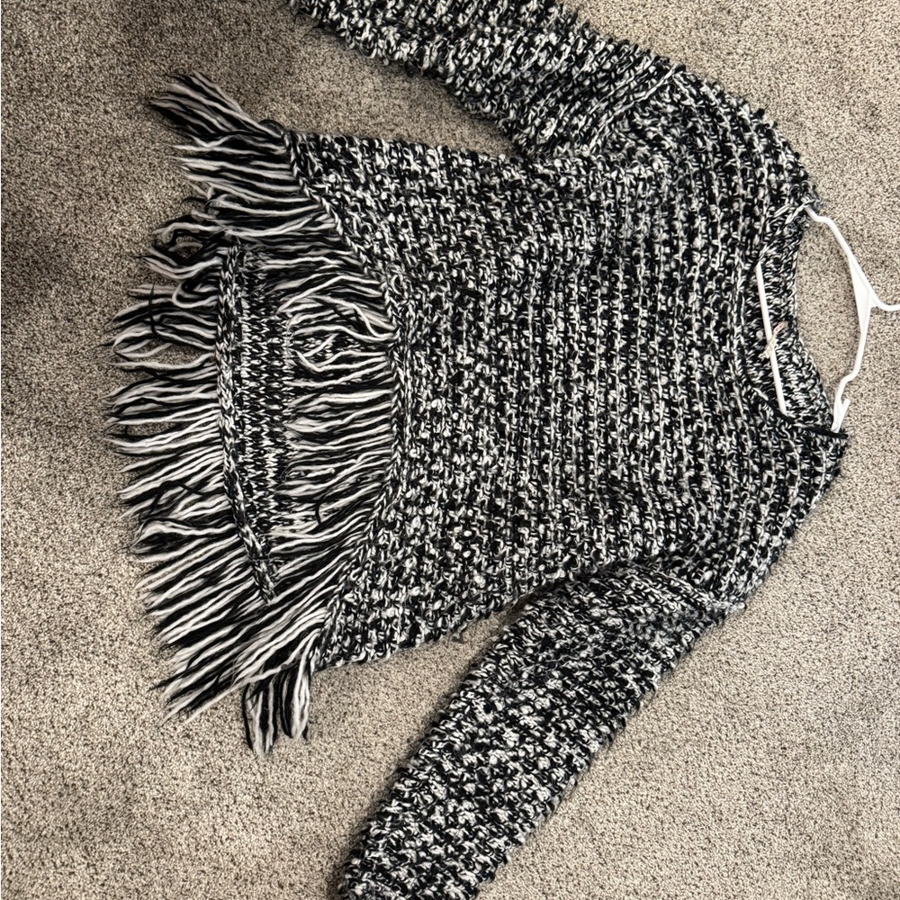 Chic Black and White Fringe Sweater